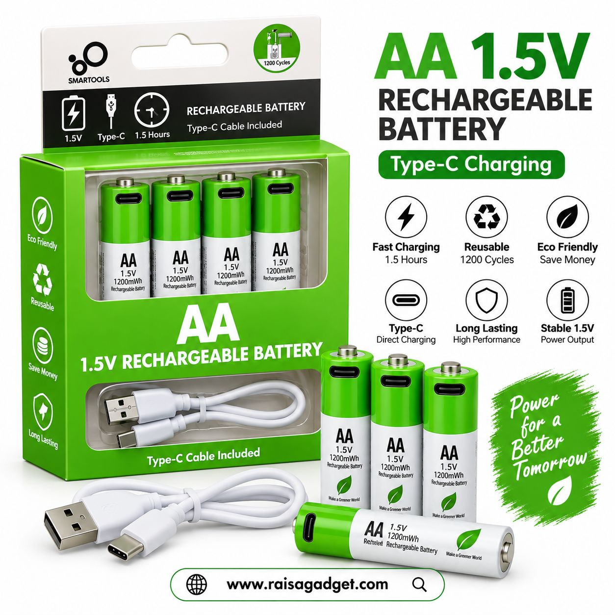 Smartools AA 1.5V Type-C Rechargeable Battery – 4 Pcs
