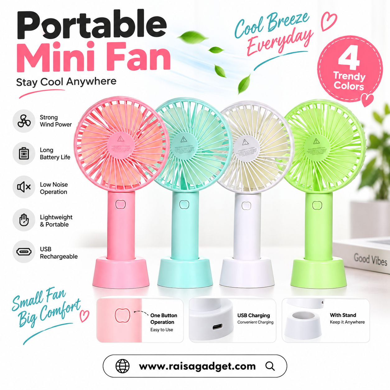 Portable Mini Fan – USB Rechargeable Handheld Fan with Stand