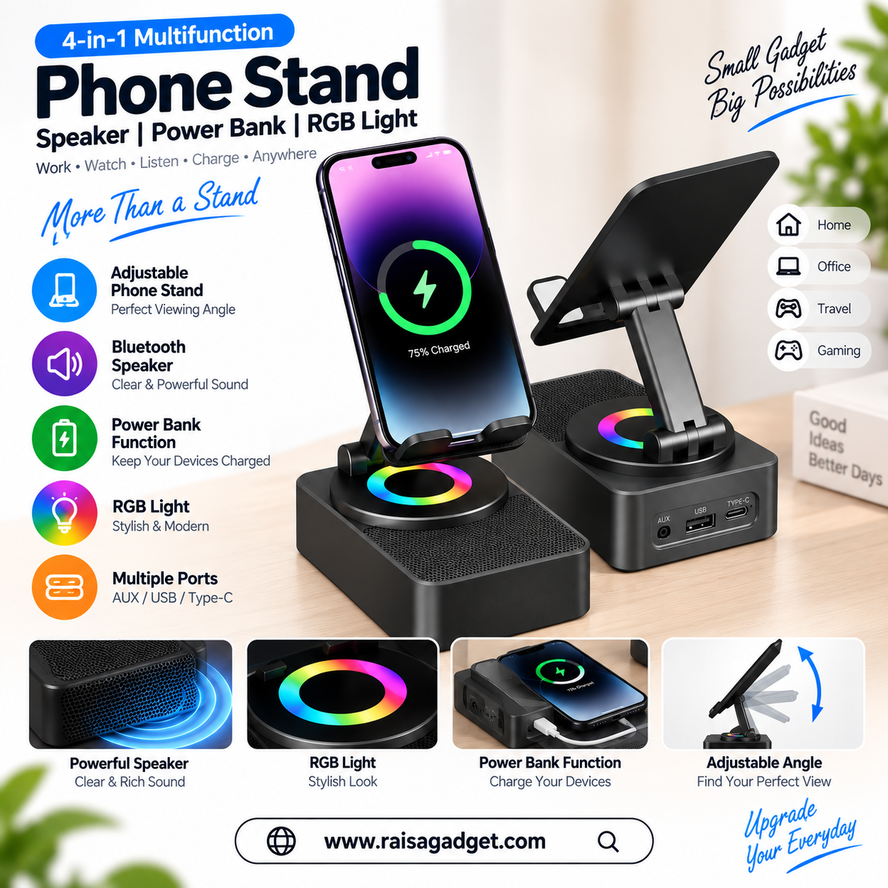 Multifunction Phone Stand with Bluetooth Speaker, Power Bank & RGB Light