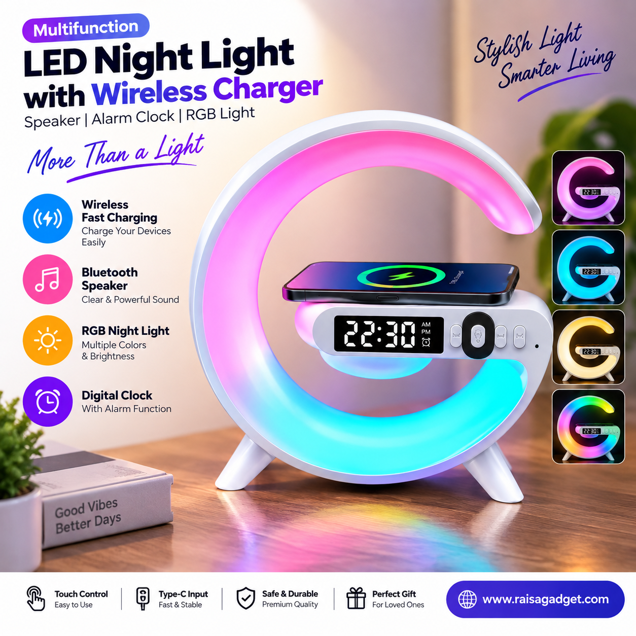G63 Smart Light Clock with Wireless Charger, Bluetooth Speaker & RGB Night Light