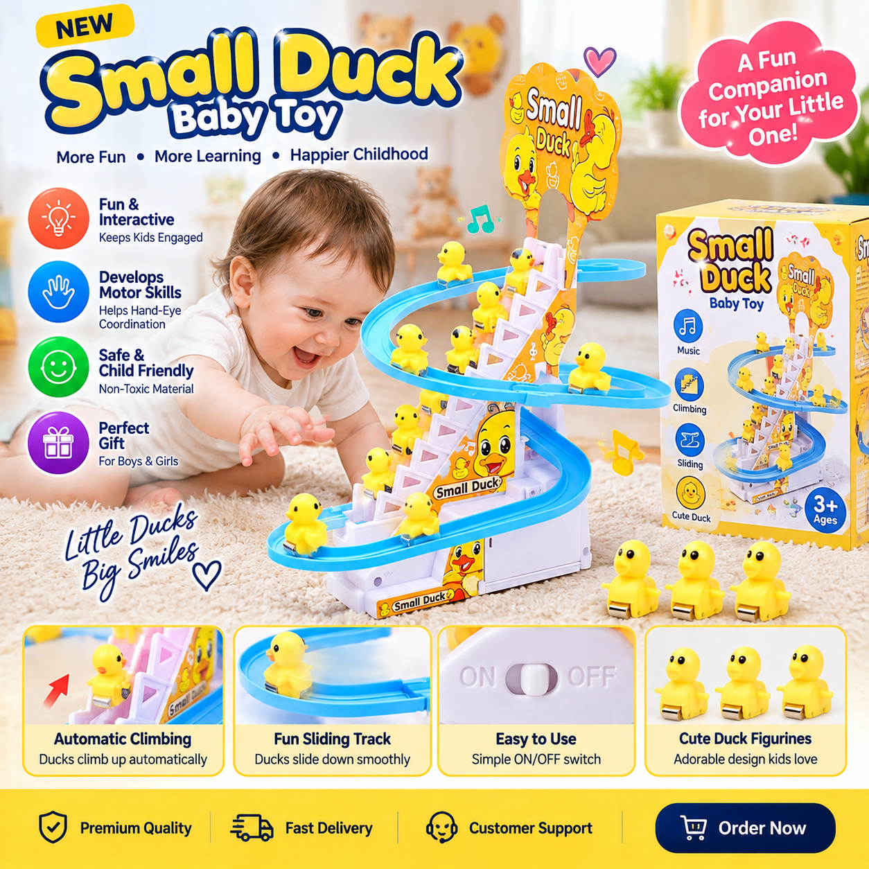 Small Duck Baby Toy – Electric Climbing Stairs & Sliding Track Toy with Music